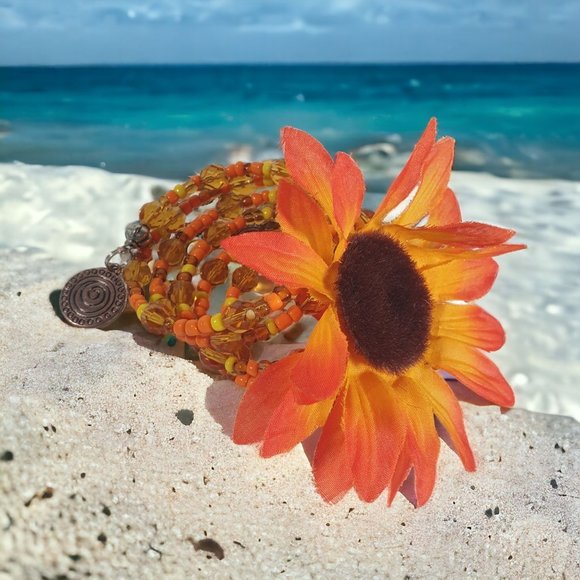 Orange Daisy Coil Wire Wrap Beaded Women Boho Floral Bracelet Fashion Jewelry - Picture 1 of 8